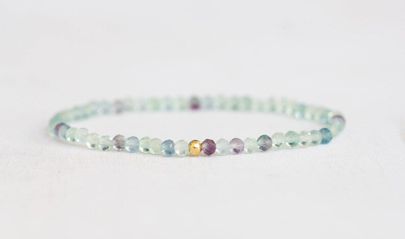 Dainty Fluorite Stretch Bracelet, Beaded Purple Green Gemstone Stacking Jewelry, Tiny Faceted Beads