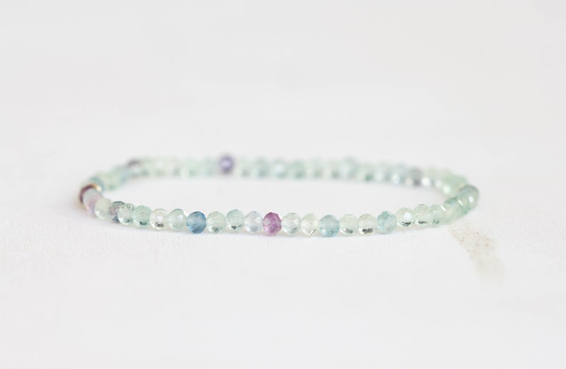 Dainty Fluorite Stretch Bracelet, Beaded Purple Green Gemstone Stacking Jewelry, Tiny Faceted Beads