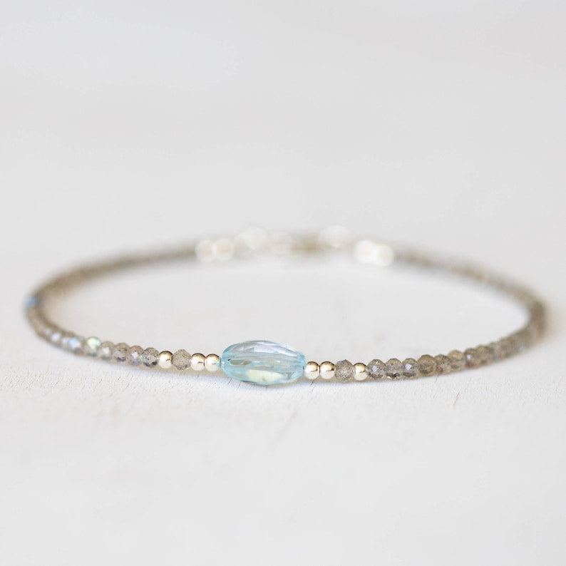 Dainty Labradorite Bracelet with Sky Blue Topaz, Genuine Gemstone Jewelry