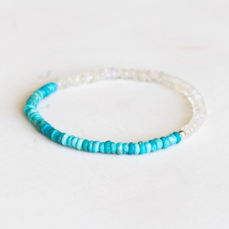 Turquoise and Rainbow Moonstone Stretch Bracelet, Beaded Arizona Turquoise Jewelry