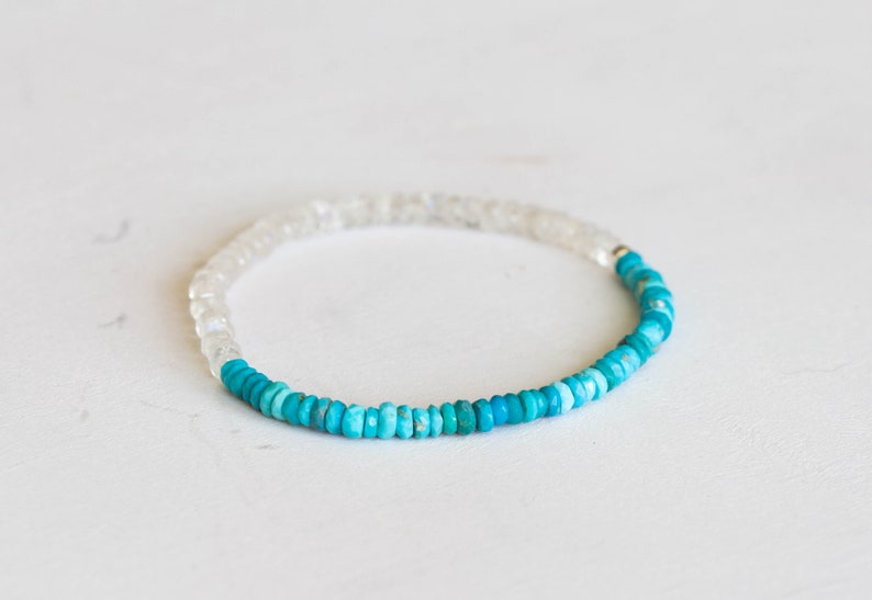 Turquoise and Rainbow Moonstone Stretch Bracelet, Beaded Arizona Turquoise Jewelry
