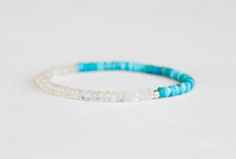 Turquoise and Rainbow Moonstone Stretch Bracelet, Beaded Arizona Turquoise Jewelry