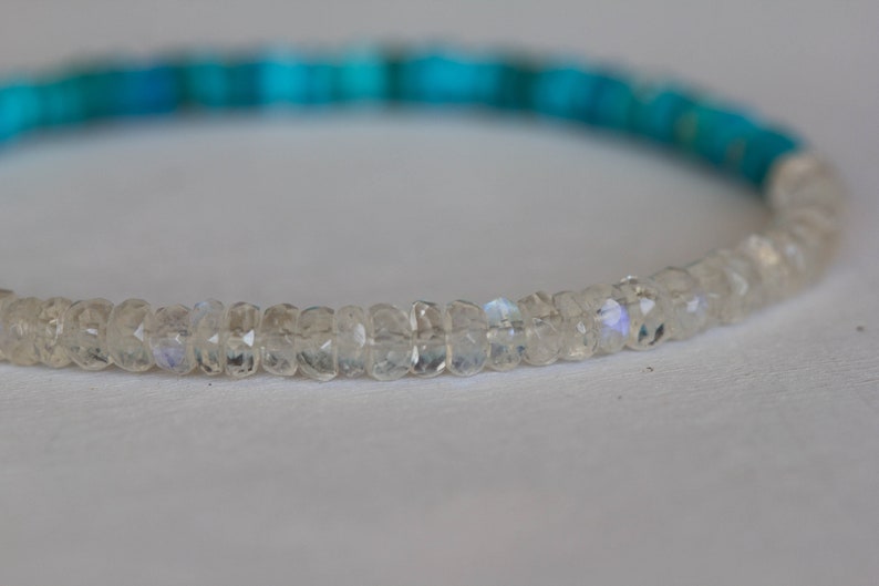 Turquoise and Rainbow Moonstone Stretch Bracelet, Beaded Arizona Turquoise Jewelry