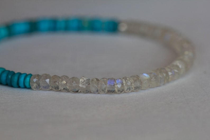 Turquoise and Rainbow Moonstone Stretch Bracelet, Beaded Arizona Turquoise Jewelry