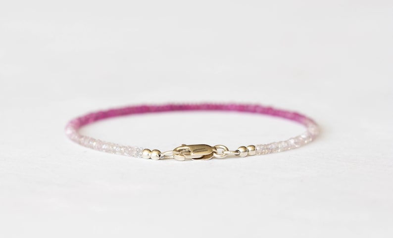 Dainty Shaded Pink Sapphire Bracelet, Genuine September Birthstone Beaded Jewelry