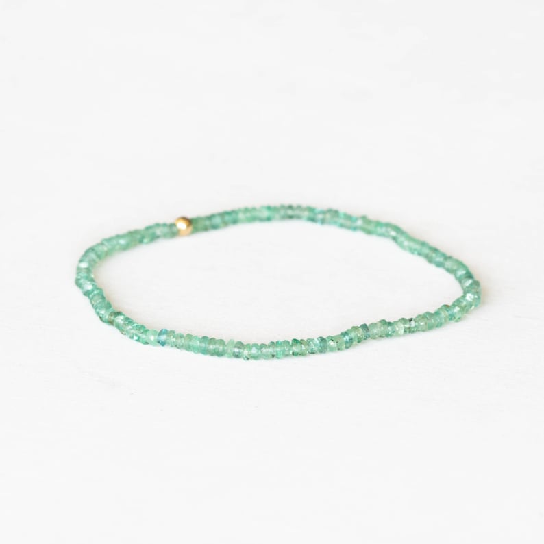 Dainty Zambian Emerald Stretch Bracelet, Faceted Genuine Beaded May Gemstone Jewelry