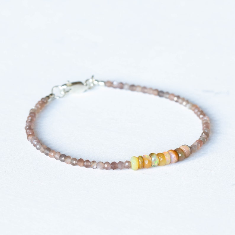 Chocolate Moonstone & Golden Ethiopian Welo Opal Bracelet, Citrine Jewelry, Multi Gemstone Stacking Sterling Silver Rose Gold Fill