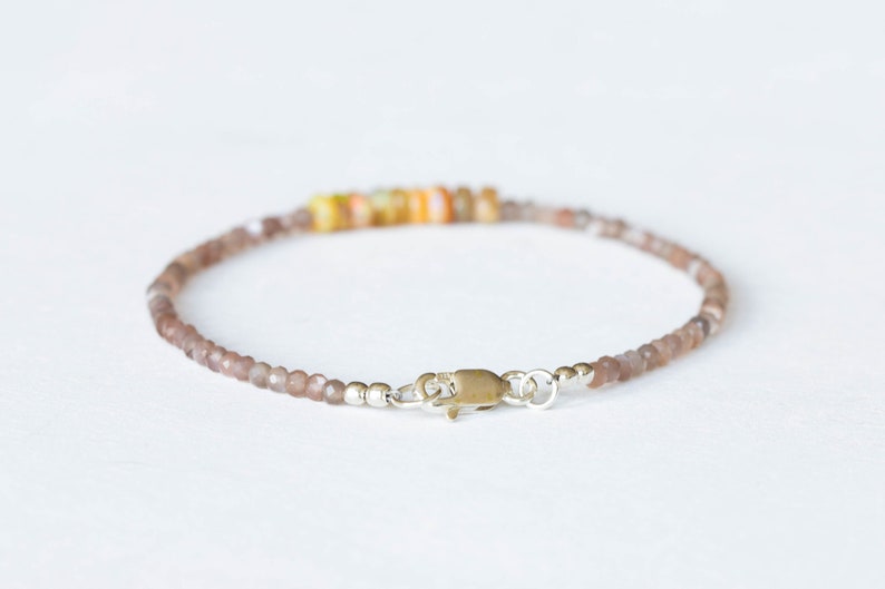 Chocolate Moonstone & Golden Ethiopian Welo Opal Bracelet, Citrine Jewelry, Multi Gemstone Stacking Sterling Silver Rose Gold Fill