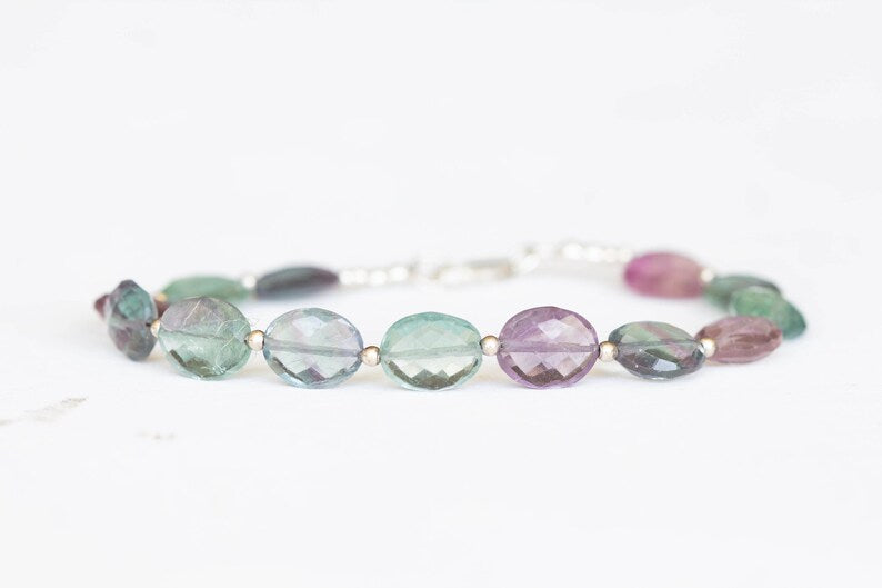 Fluorite Oval Beaded Bracelet with Rose Gold Filled or Sterling Silver