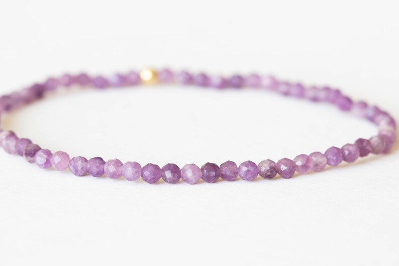 Lepidolite Stretch Bracelet, Dainty Beaded Purple Gemstone Jewelry