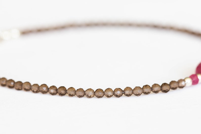 Dainty Smoky Quartz Bracelet with Pink Sapphire, Delicate Beaded Gemstone Jewelry