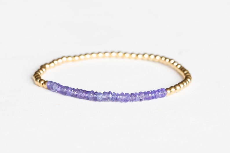 Tanzanite Stretch Bracelet with Sterling Silver or Rose Gold Fill, Beaded Dainty Stacking Bracelet