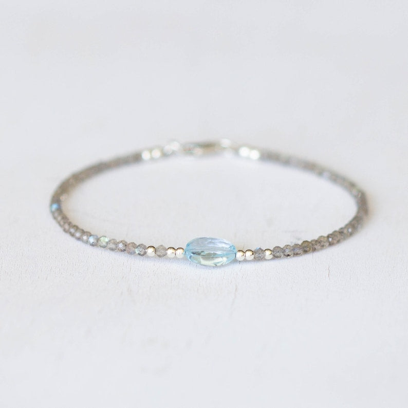 Dainty Labradorite Bracelet with Sky Blue Topaz, Genuine Gemstone Jewelry