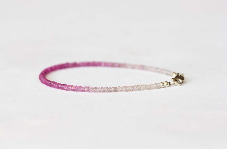 Dainty Shaded Pink Sapphire Bracelet, Genuine September Birthstone Beaded Jewelry