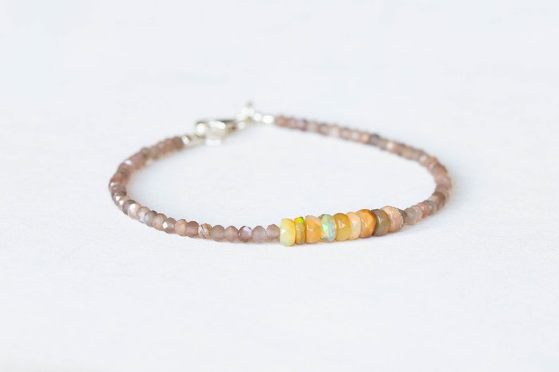 Chocolate Moonstone & Golden Ethiopian Welo Opal Bracelet, Citrine Jewelry, Multi Gemstone Stacking Sterling Silver Rose Gold Fill