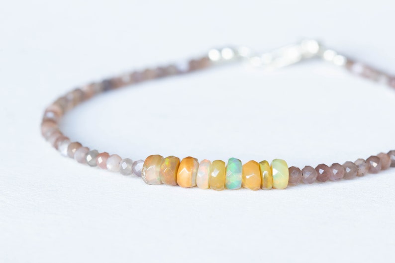 Chocolate Moonstone & Golden Ethiopian Welo Opal Bracelet, Citrine Jewelry, Multi Gemstone Stacking Sterling Silver Rose Gold Fill