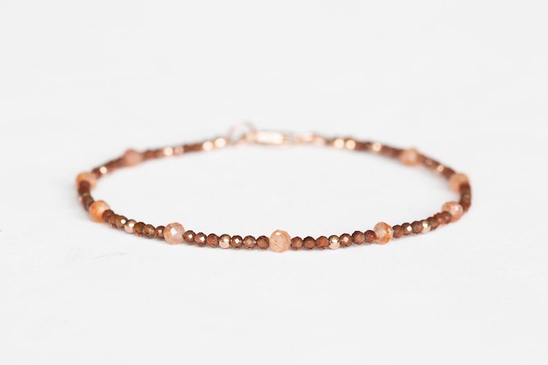 Dainty Brown Zircon Bracelet with Sunstone, Delicate Multi Gemstone Beaded Jewelry