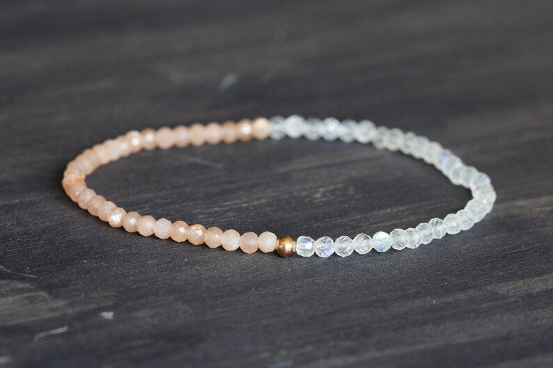 Rainbow and Peach Moonstone Stretch Bracelet, Dainty Beaded Gemstone Jewelry