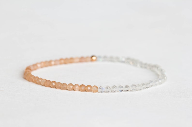 Rainbow and Peach Moonstone Stretch Bracelet, Dainty Beaded Gemstone Jewelry