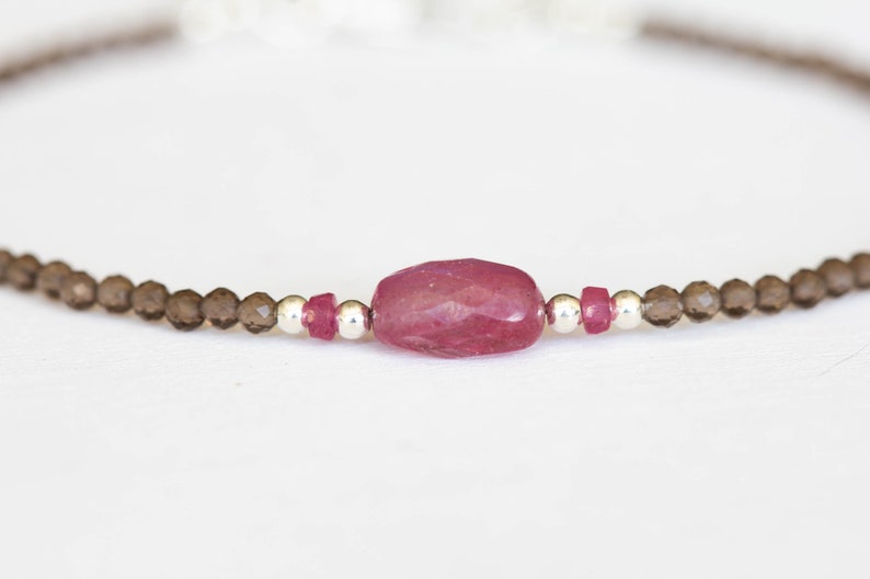 Dainty Smoky Quartz Bracelet with Pink Sapphire, Delicate Beaded Gemstone Jewelry