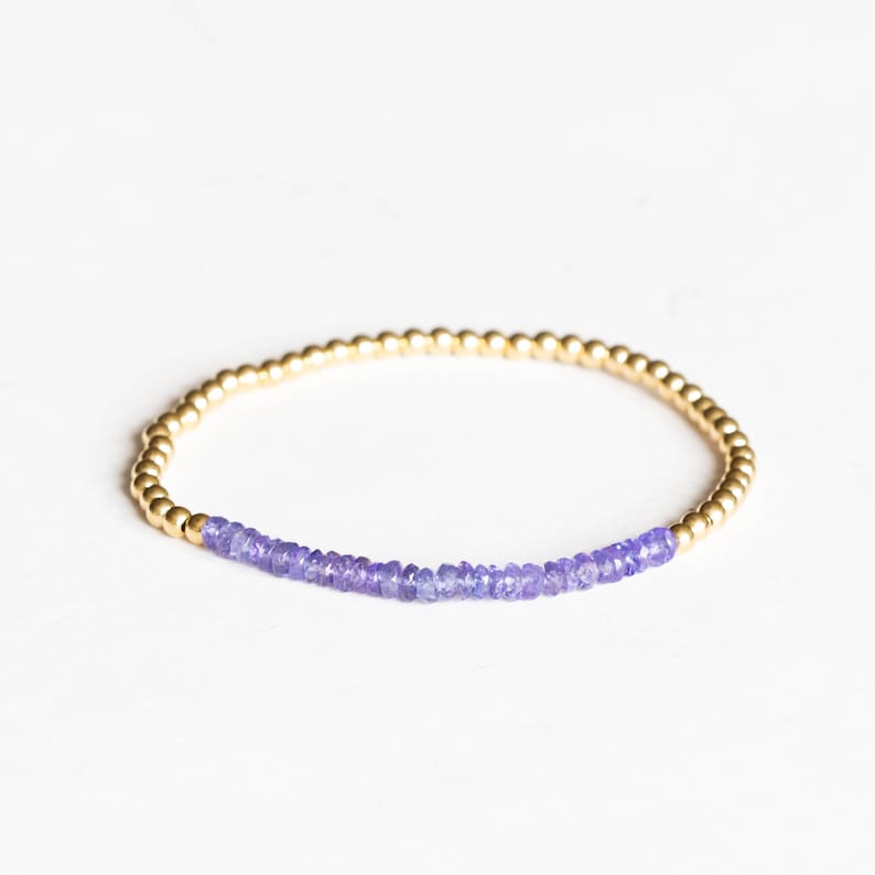 Tanzanite Stretch Bracelet with Sterling Silver or Rose Gold Fill, Beaded Dainty Stacking Bracelet