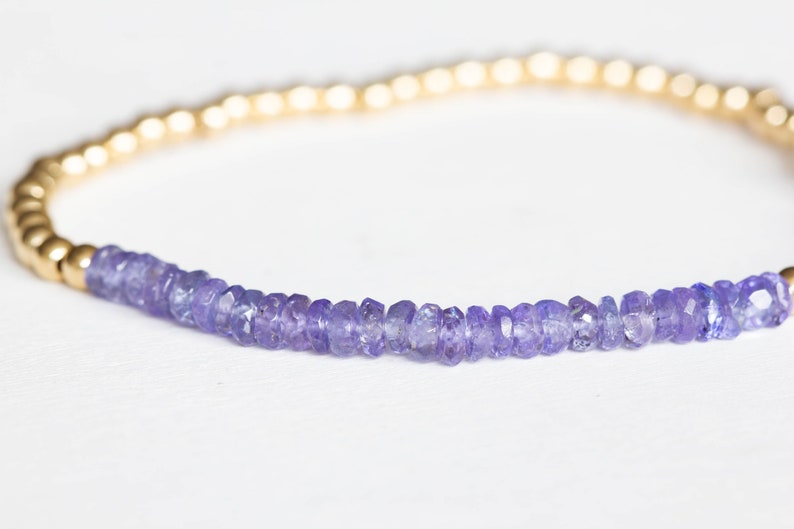 Tanzanite Stretch Bracelet with Sterling Silver or Rose Gold Fill, Beaded Dainty Stacking Bracelet