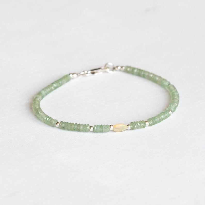 Prehnite Bracelet with Welo Opal, Dainty Beaded Green Gemstone Stacking Jewelry