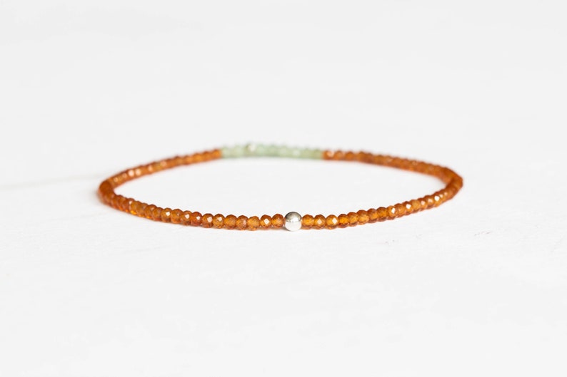 Dainty Hessonite Garnet Stretch Bracelet with Green Kyanite, Multi Gemstone Elastic Jewelry