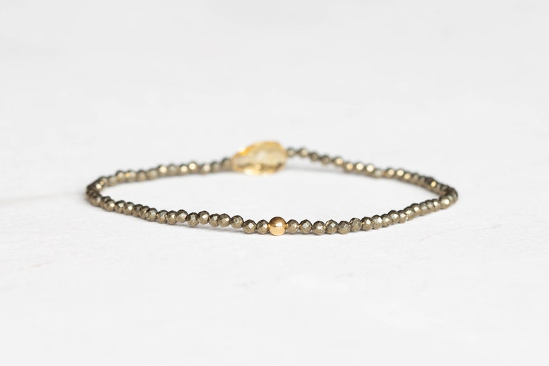Dainty Pyrite Stretch Bracelet with Citrine, Delicate Beaded Multi Gemstone Jewelry