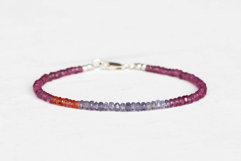 Iolite, Orange Sapphire & Garnet Bracelet, Beaded Multi Gemstone Stacking Jewelry