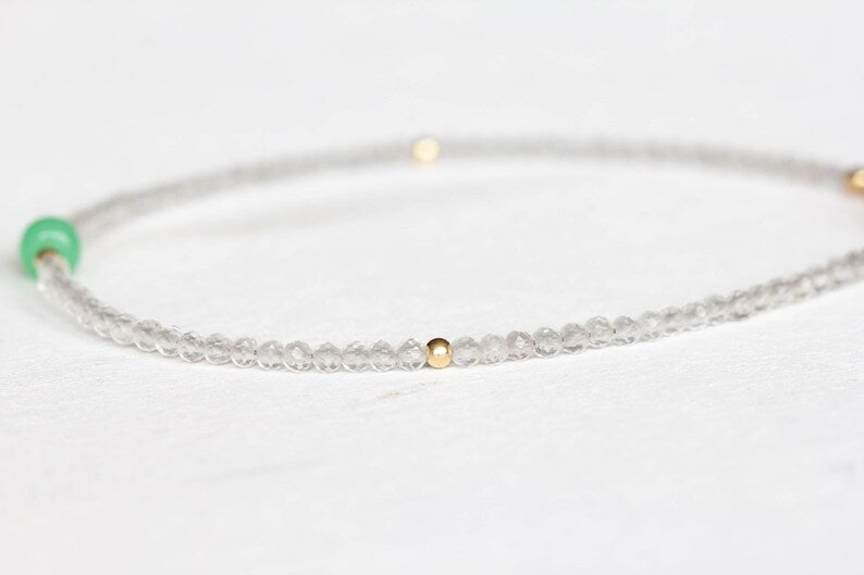 Dainty Clear Quartz Bracelet with Chrysoprase, Beaded Genuine Gemstone Jewelry