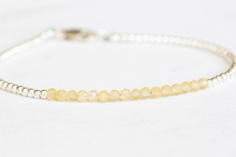 Yellow Calcite Bracelet with Rose Gold Fill or Sterling Silver, Dainty Beaded Genuine Yellow Gemstone Jewelry