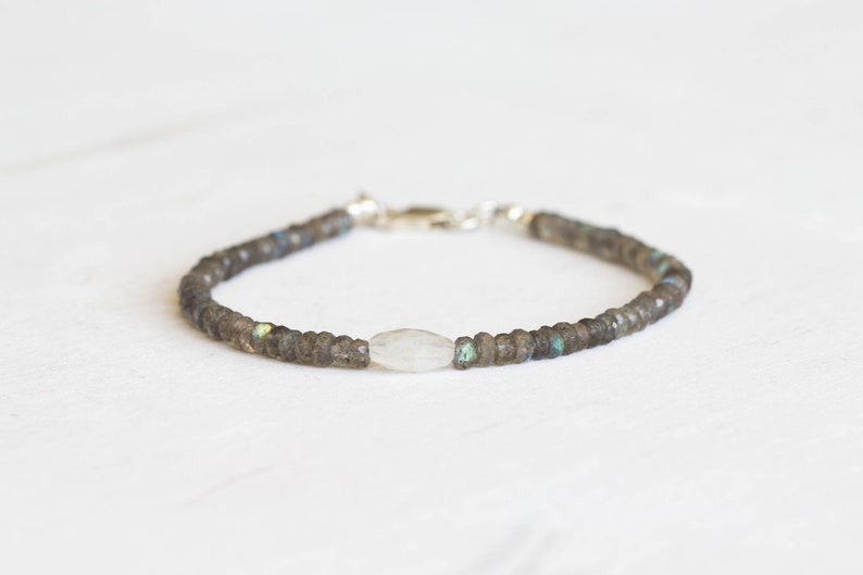 Dainty Labradorite Bracelet with Rainbow Moonstone, Multi Gemstone Beaded Jewelry