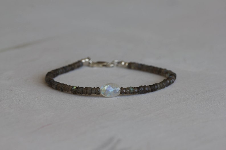 Dainty Labradorite Bracelet with Rainbow Moonstone, Multi Gemstone Beaded Jewelry