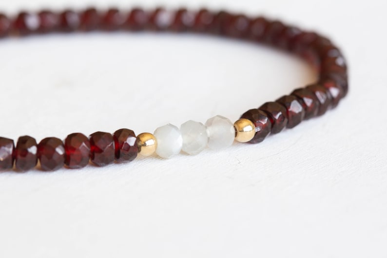 Garnet Stretch Bracelet with Gray Moonstone, Dainty Beaded Red Gemstone Elastic Stacking Jewelry