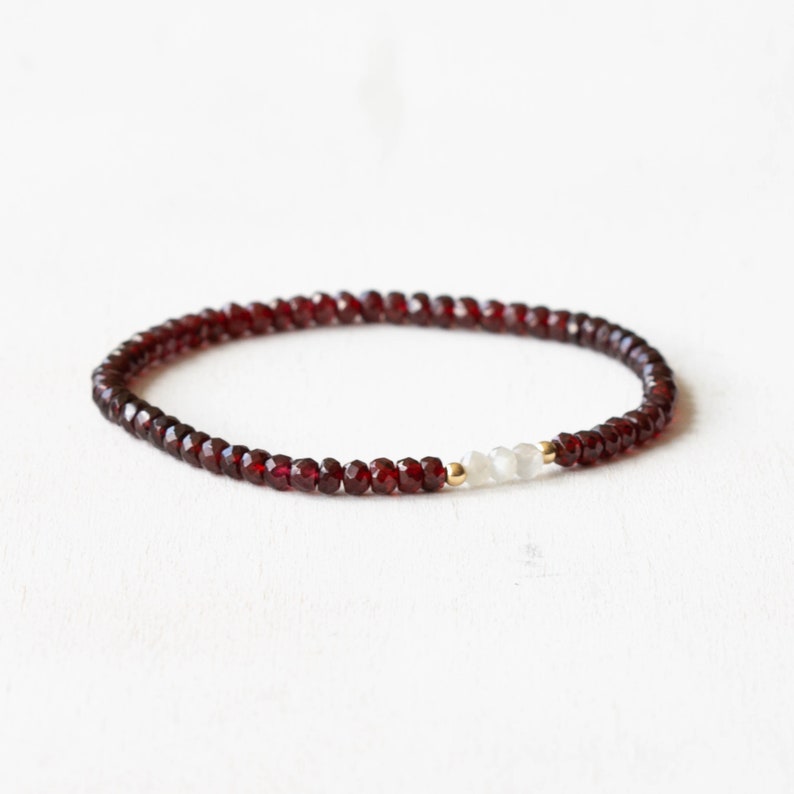 Garnet Stretch Bracelet with Gray Moonstone, Dainty Beaded Red Gemstone Elastic Stacking Jewelry