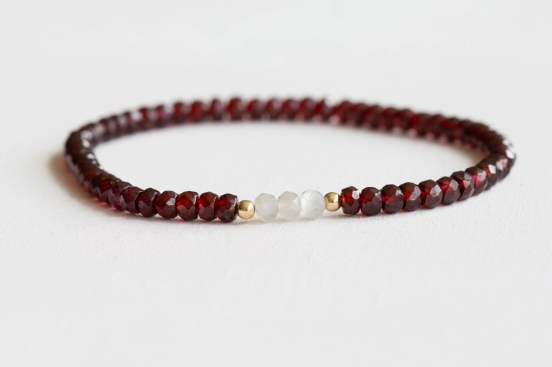 Garnet Stretch Bracelet with Gray Moonstone, Dainty Beaded Red Gemstone Elastic Stacking Jewelry