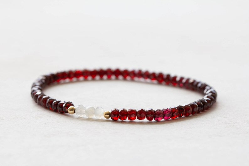 Garnet Stretch Bracelet with Gray Moonstone, Dainty Beaded Red Gemstone Elastic Stacking Jewelry
