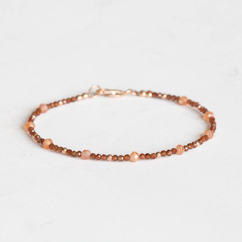 Dainty Brown Zircon Bracelet with Sunstone, Delicate Multi Gemstone Beaded Jewelry