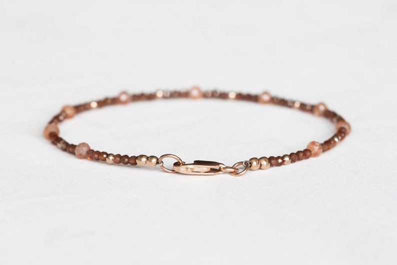 Dainty Brown Zircon Bracelet with Sunstone, Delicate Multi Gemstone Beaded Jewelry