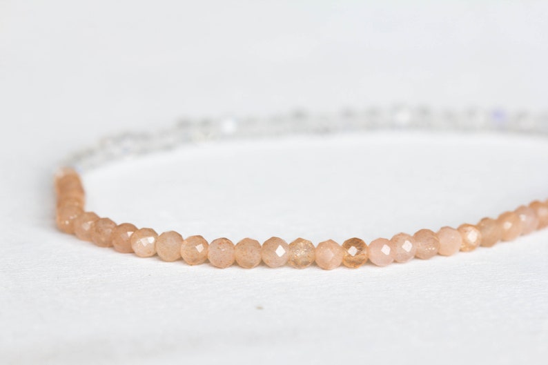 Rainbow and Peach Moonstone Stretch Bracelet, Dainty Beaded Gemstone Jewelry