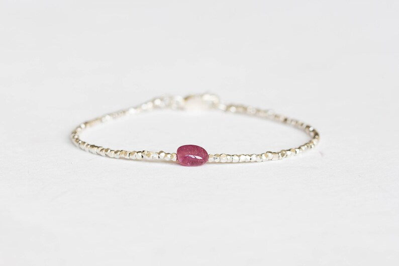 Dainty Fine Silver Bracelet with Pink Sapphire, Skinny Karen Hill Tribe Silver Stacking Bracelet