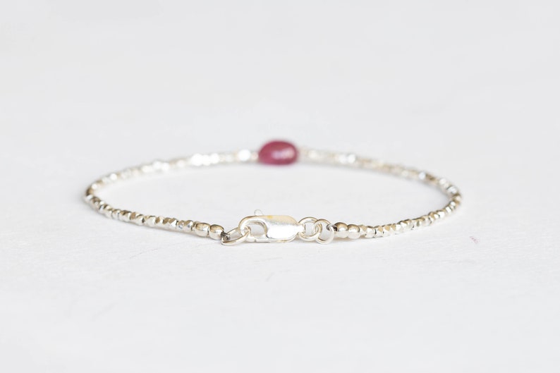 Dainty Fine Silver Bracelet with Pink Sapphire, Skinny Karen Hill Tribe Silver Stacking Bracelet
