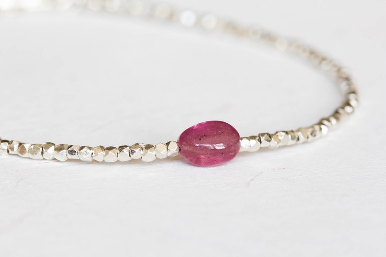 Dainty Fine Silver Bracelet with Pink Sapphire, Skinny Karen Hill Tribe Silver Stacking Bracelet