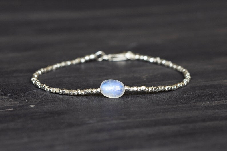 Dainty Fine Silver Bracelet with Rainbow Moonstone, Skinny Karen Hill Tribe Silver Stacking Bracelet