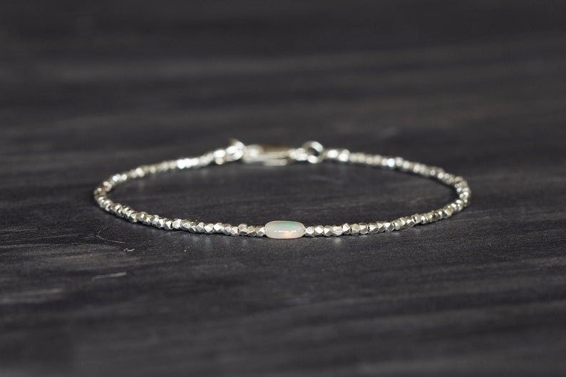 Dainty Fine Silver Bracelet with Welo Opal, Skinny Karen Hill Tribe Silver Stacking Bracelet