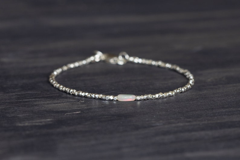 Dainty Fine Silver Bracelet with Welo Opal, Skinny Karen Hill Tribe Silver Stacking Bracelet