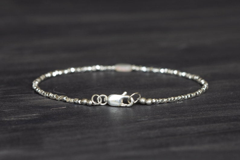 Dainty Fine Silver Bracelet with Welo Opal, Skinny Karen Hill Tribe Silver Stacking Bracelet