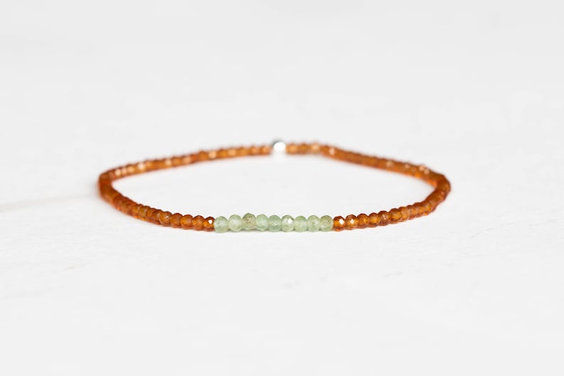 Dainty Hessonite Garnet Stretch Bracelet with Green Kyanite, Multi Gemstone Elastic Jewelry