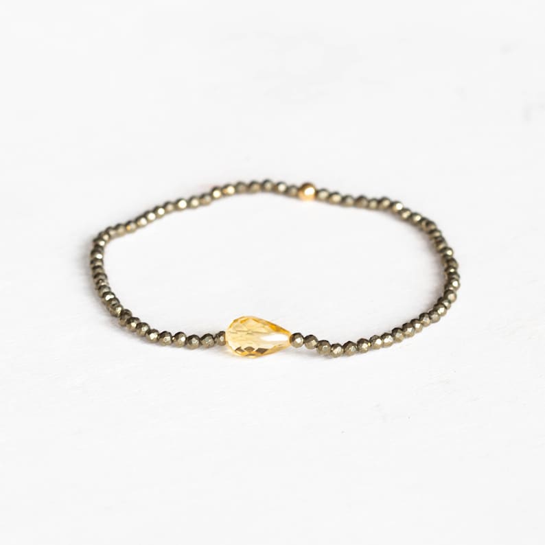 Dainty Pyrite Stretch Bracelet with Citrine, Delicate Beaded Multi Gemstone Jewelry